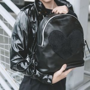 NEW Black Fuzzy Heart Kawaii Backpack Festival Bag